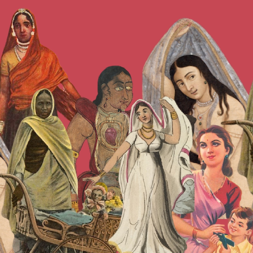 Illustrated collages of women's labour