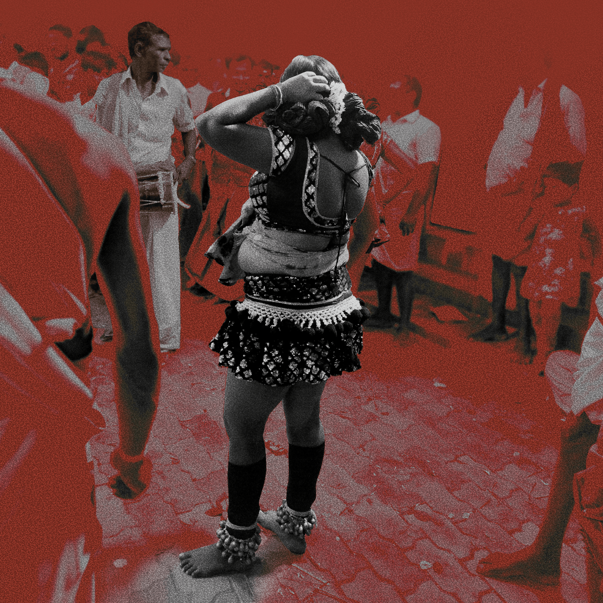 Erotic dancer standing in the middle of a crowd