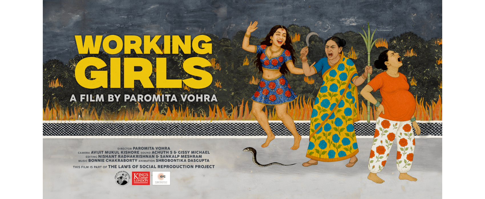 Working girls firm cover featuring bright illustrations of three women engaging in erotic dancing, domestic work and surrogacy respectively