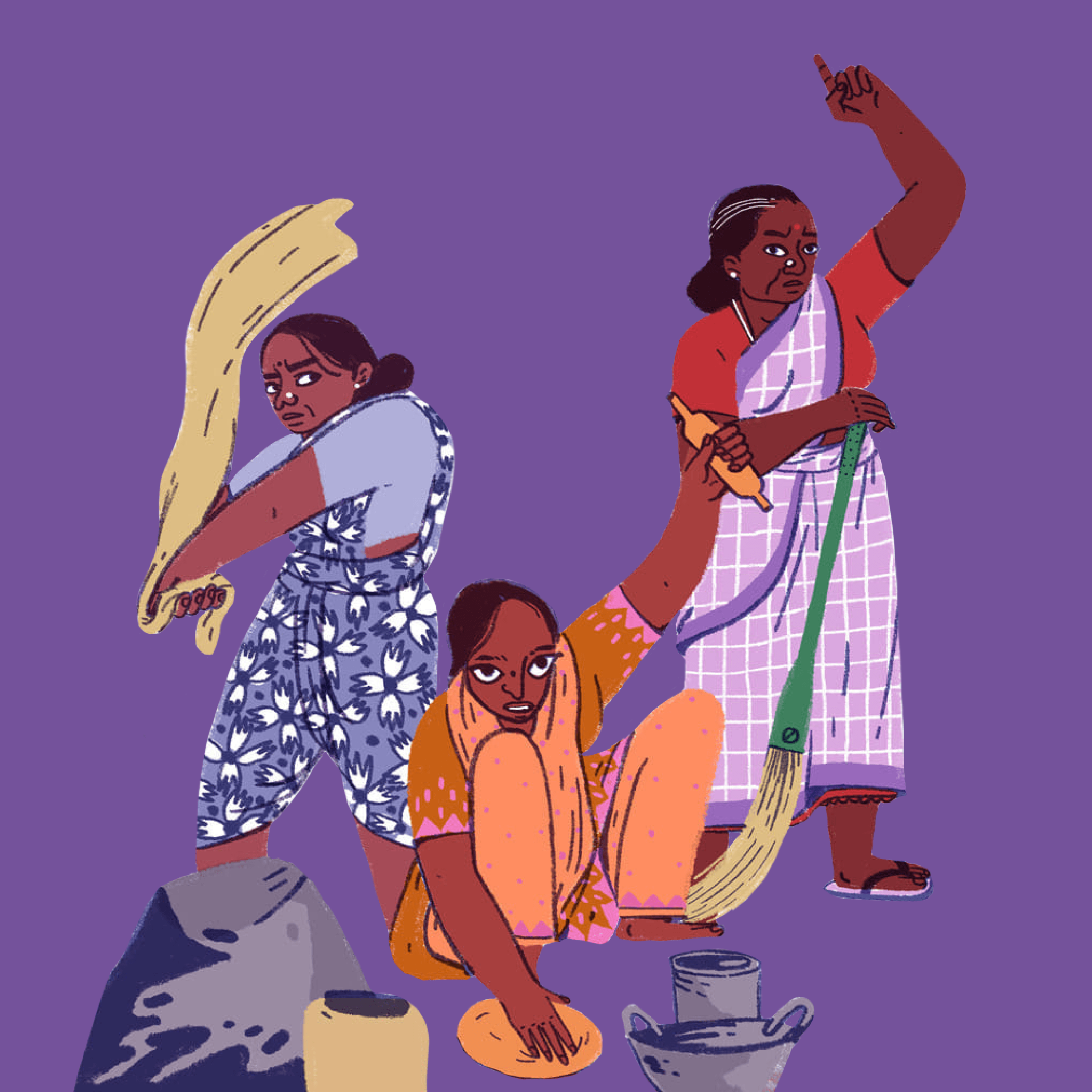Illustration of three domestic workers, one doing laundry and one cooking. other standing on the side. 